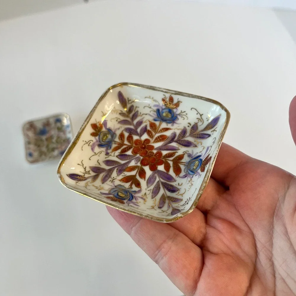 Vintage Porcelain Trinket Dish Set Bird Floral Gold Gilt Square Ring Trays 2pc